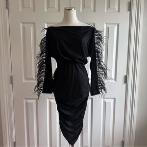 Little Black Dress,Bodycon Cocktail, Feathers Bateau Neckline Feathers,Size M-L